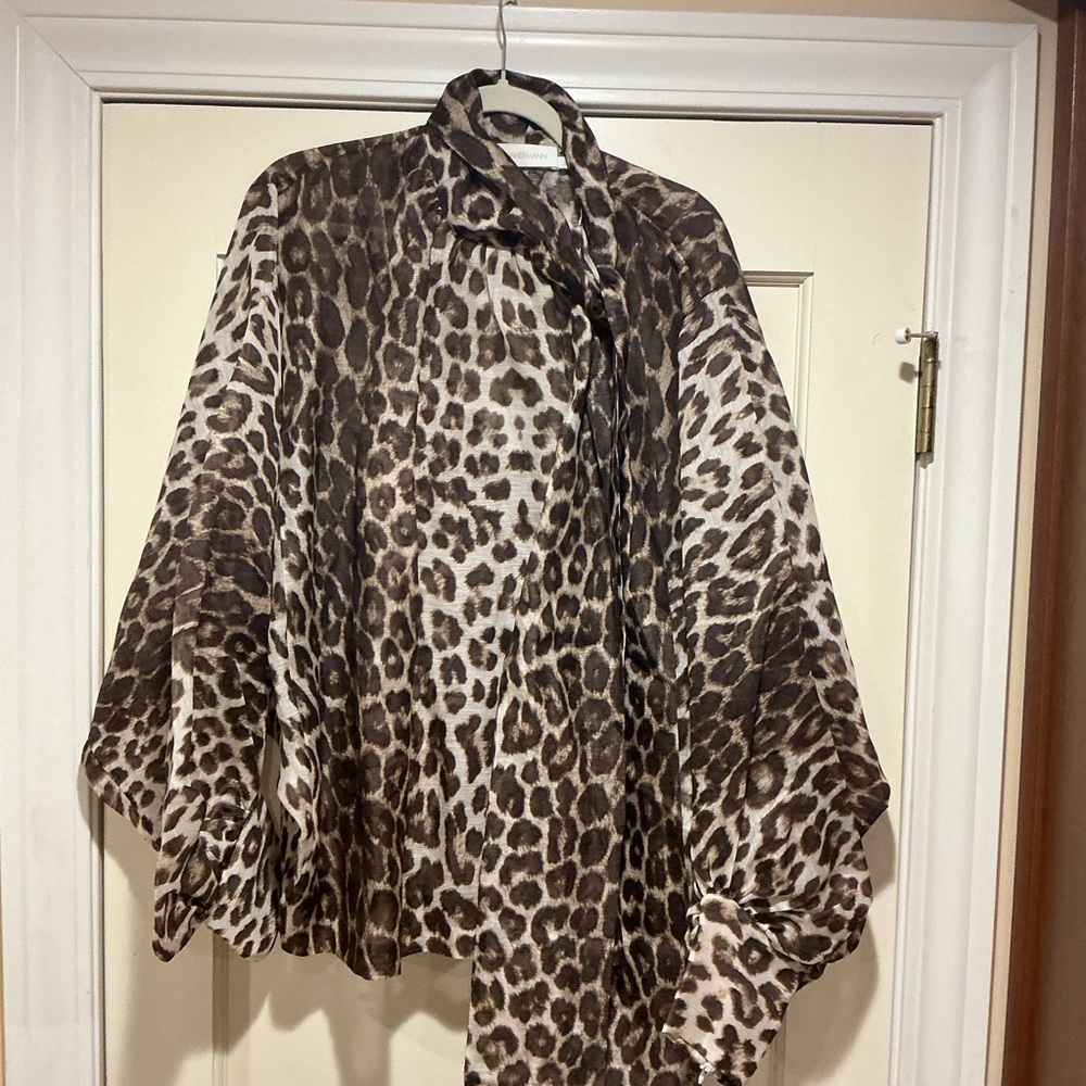 NWOT Zimmermann Silk/Linen Blend Brown Animal Print Top with Cami, Size M